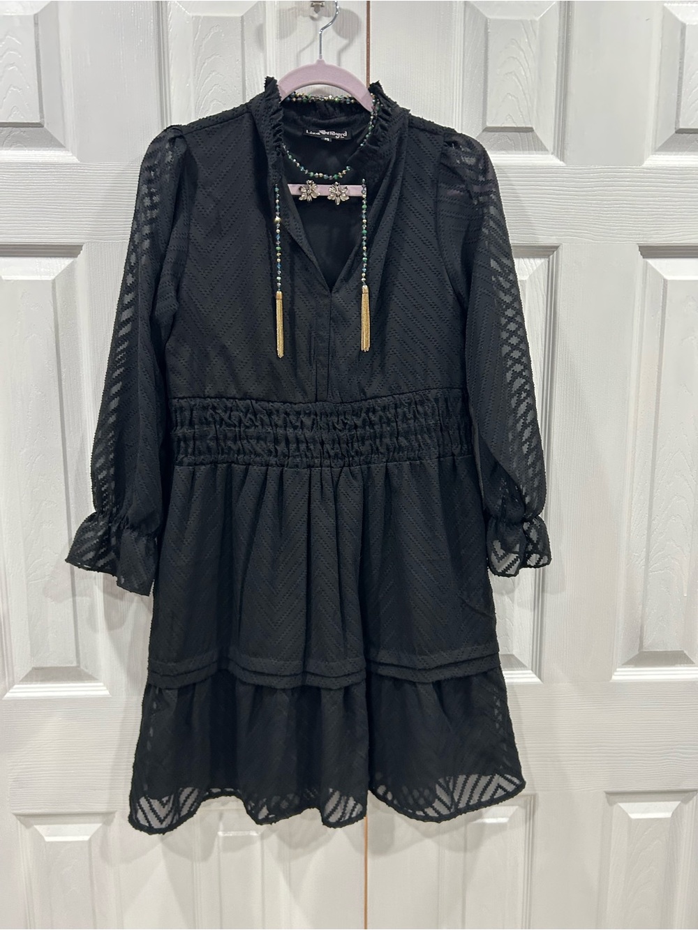 Liza Byrd Black Ruffled Neckline Blouse with Beaded Accent w/necklace/earrings
